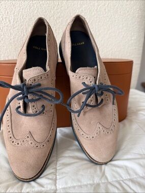 Cole Haan Tan Suede Wingtip Oxfords with Navy Laces